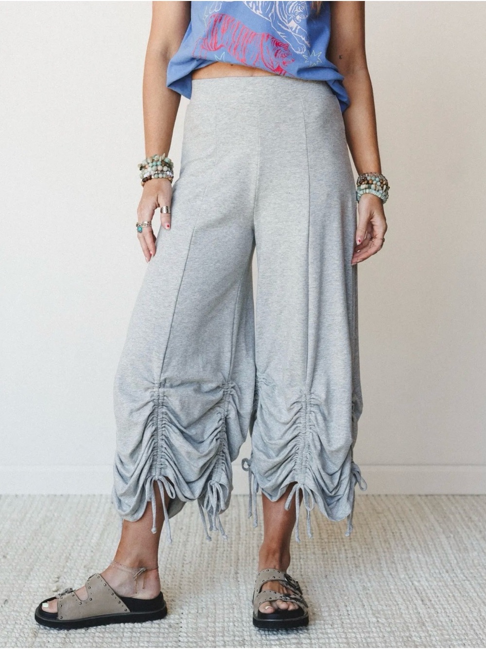 Three Bird Nest Light Gray Ruched Cropped Wide-Leg Pants NWOT